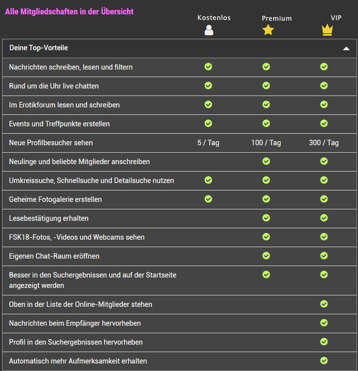 Fetisch.de: Basis-, Premium- und VIP-Mitgliedschaft im direkten Vergleich