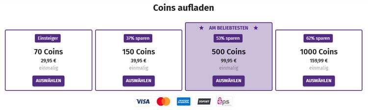 Gebührenstruktur und Zahlungsmöglichkeiten für Coins-Pakete