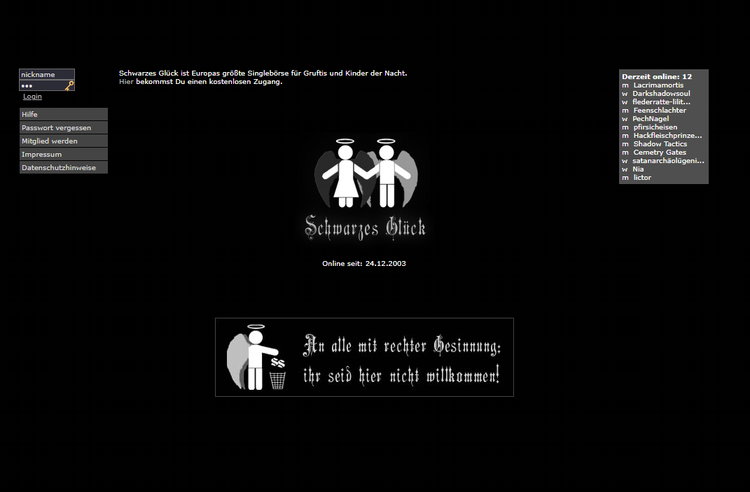 Schwarzes Glück ist eine Singlebörse für Gruftis und Kinder der Nacht.